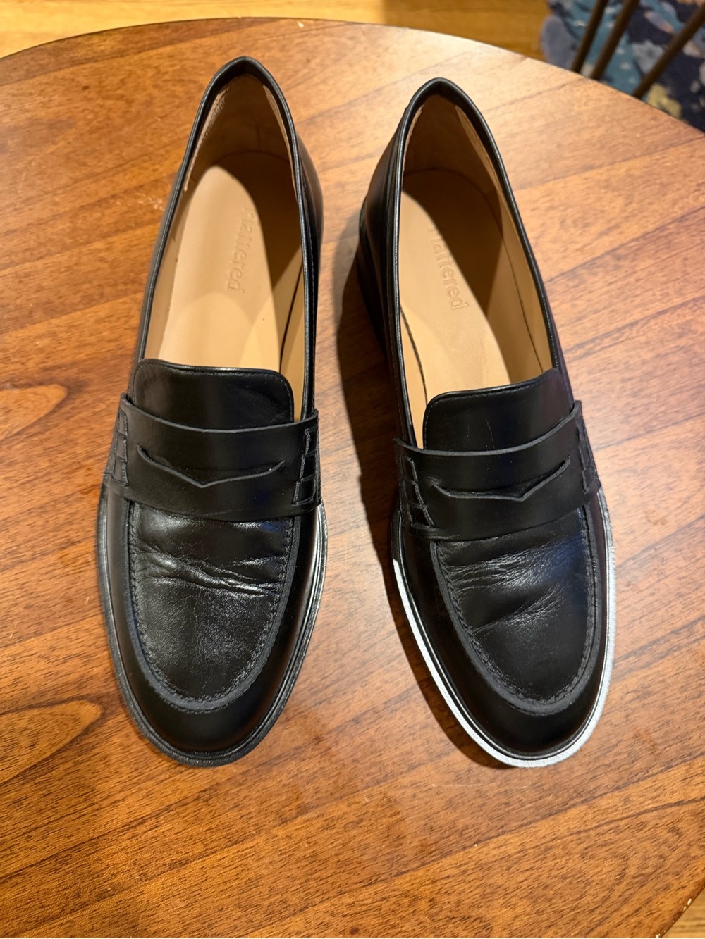 Flattered Size 38 Black Leather Penny Loafers EUC